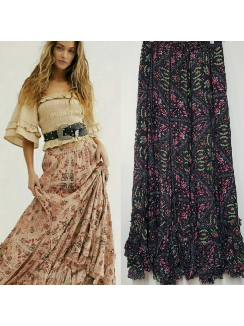 FP Boho Floral Maxi Skirt in Black and Pink - Women's Flowing Tiered Skirt